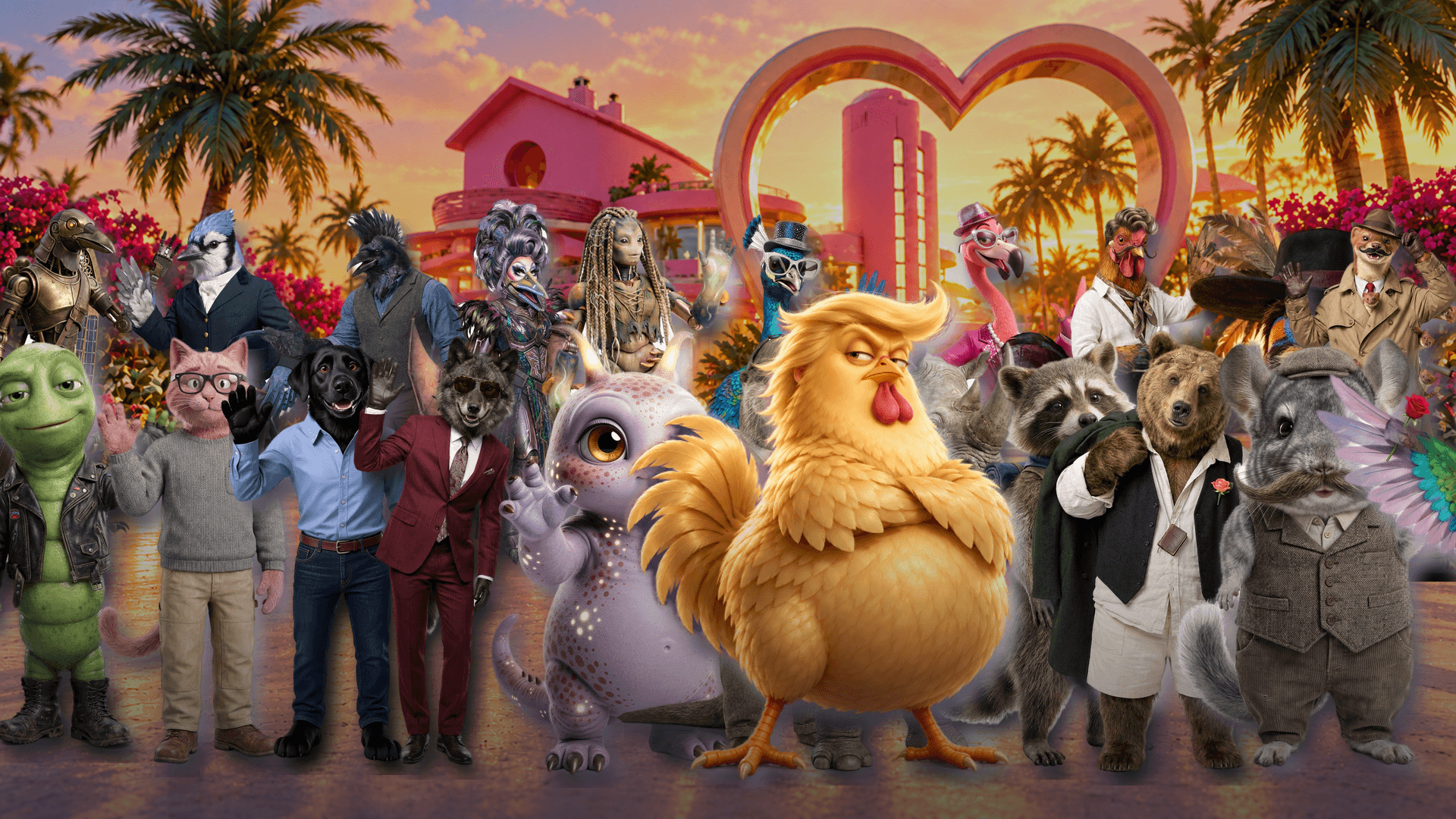 The actual Build a Bachelor workshop character cutouts together on Hollywing Island